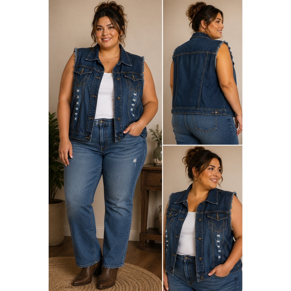 Womens 3XL Distressed Vest Jacket Blue Denim Sleeveless Button Front Streetwear